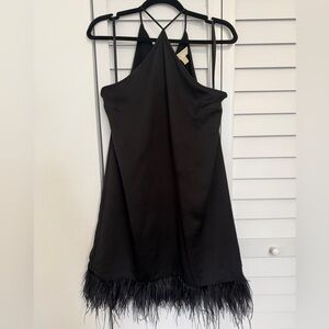 NWT Michael Kors Black Halter Mini Dress Feather Hem Open Back Size S